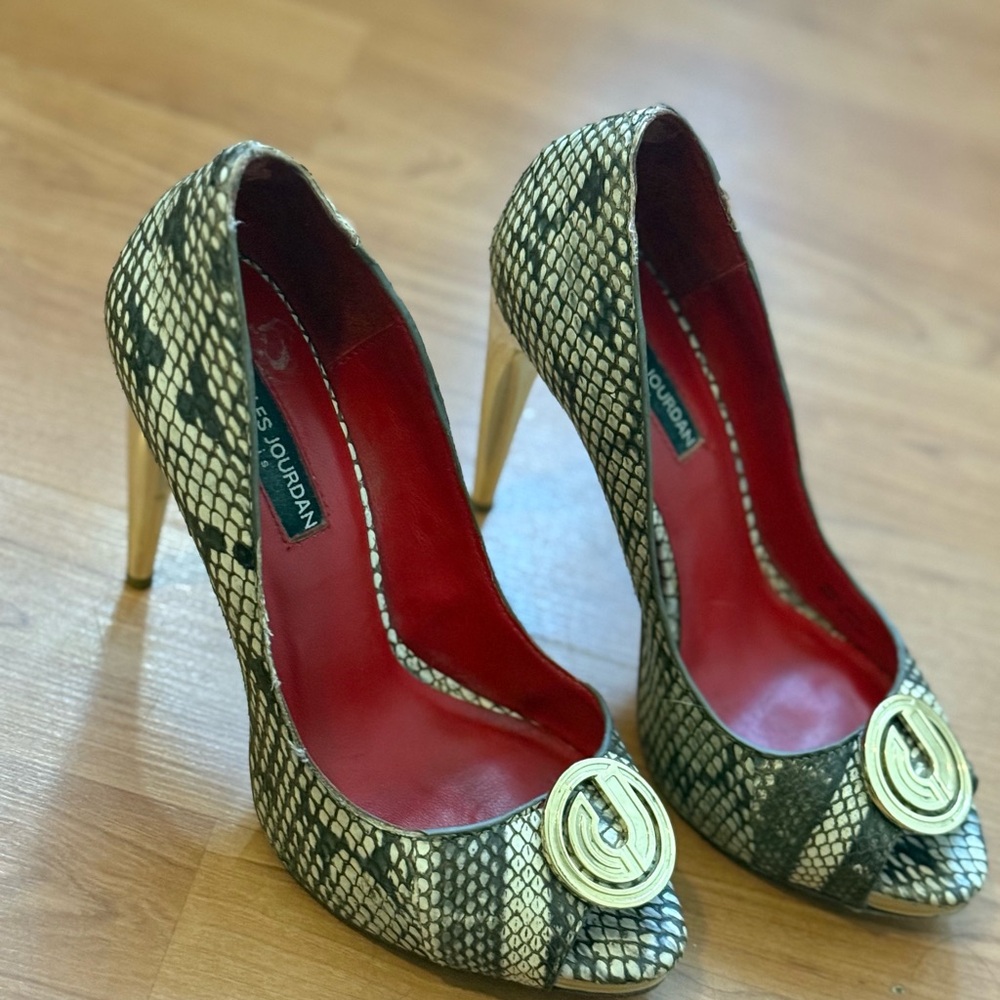 Charles Jourdan Snakeskin Heels with Red and Gold Accents